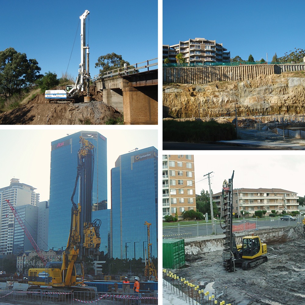 Four original Goodman Drilling photographs showing a bridge piling rig, basement shoring, city piling and a CFA piling rig